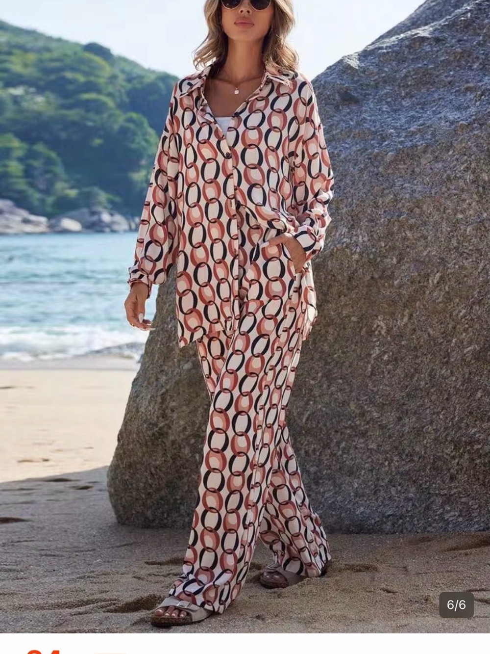Women’s Printed Swim Cover-Up Shirt and Pants Set - Pink Chain Print XL
